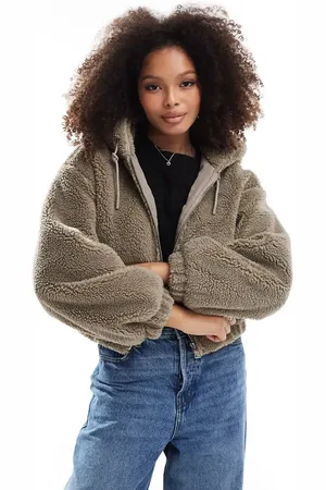 Bershka Hooded shearling jacket in sand