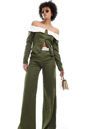 Extro & Vert Tall Tailored trouser with asymmetric waistband in khaki stripe co-ord