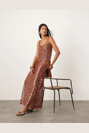 ASOS Sheer disc sequin maxi raw edge vest dress in chocolate