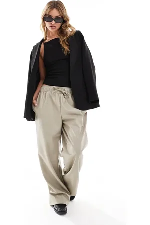 ASOS Faux leather wide leg pull on trousers in stone