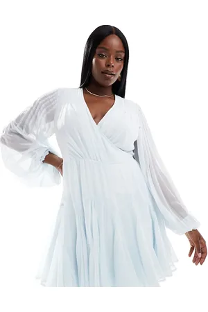 ASOS ASOS DESIGN Curve wrap balloon sleeve mini dress with tie waist detail in ice
