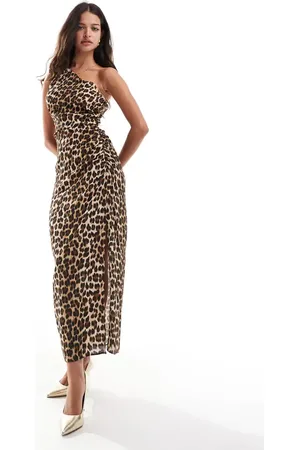MANGO One shoulder midi dress in leopard print