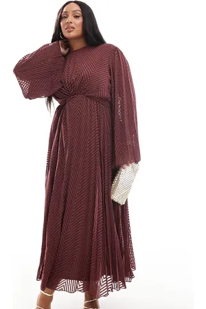 ASOS ASOS DESIGN Curve tie back fluted sleeve pleated chevron chiffon midi dress in burgundy