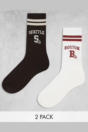 ASOS 2 pack sports socks with Boston and Seattle graphics in ecru and brown
