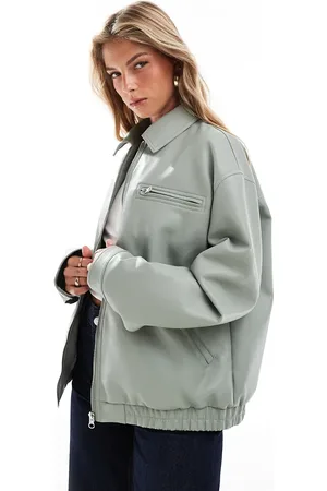 ASOS Leather look top collar jacket in sage