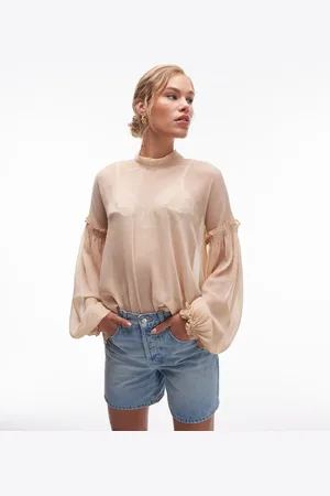 Topshop Sheer bow neck top in blush