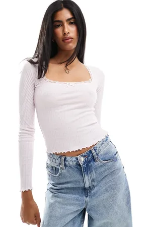 Miss Selfridge Long sleeve lace trim square neck top in soft