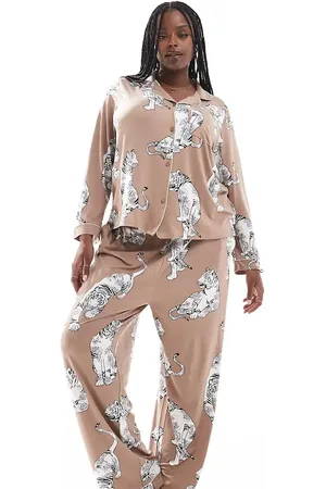 Chelsea Peers Exclusive Curve poly tiger print button long sleeve top and trouser pyjama set in chocolate