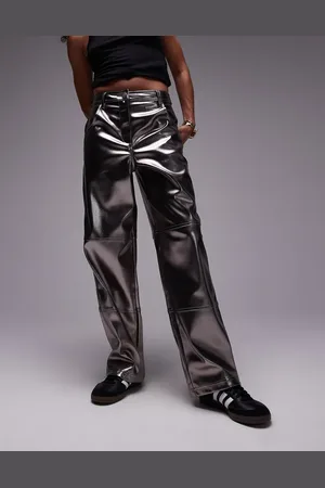 Topshop Straight leg metallic faux leather trouser in gunmetal
