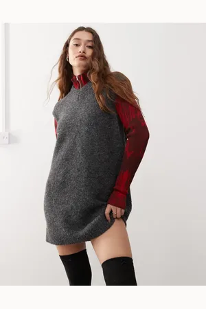 Weekday Kayla wool blend knitted v neck vest mini dress in dark melange exclusive to ASOS