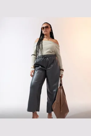 ASOS ASOS DESIGN Curve faux leather wide leg pull on trousers in charcoal