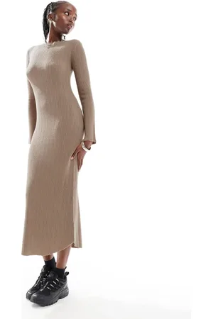 COLLUSION Slash neck maxi dress in taupe