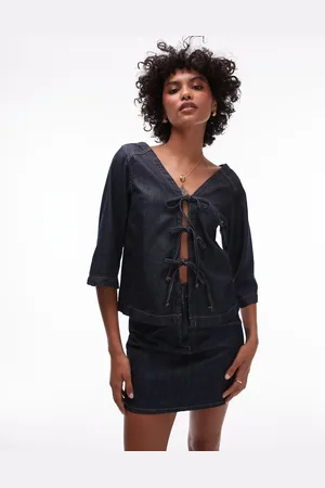 Topshop Denim tie up front top with three quarter length sleeves in indigo