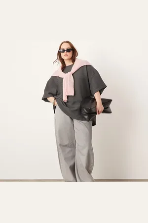 ASOS Curve textured boxy woven t-shirt in charcoal