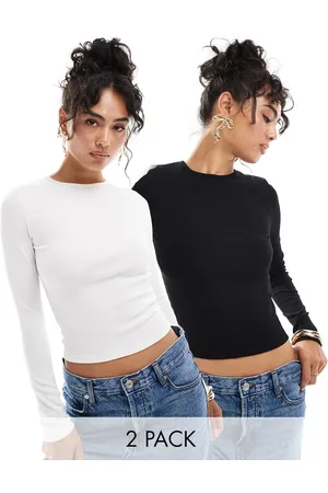 Miss Selfridge 2 pack long sleeve rib crew neck top in white and black