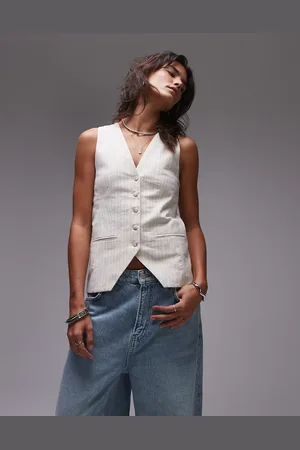 Topshop Stripe linen fitted button up waistcoat in oat