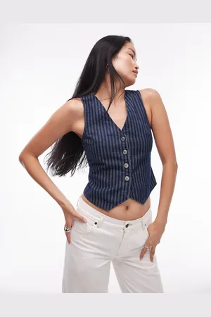 Topshop Denim waistcoat with cinch back in stripe indigo