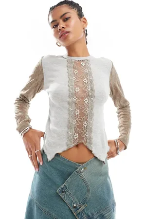 Basic Pleasure Mode Relic lace insert long sleeve top in and khaki