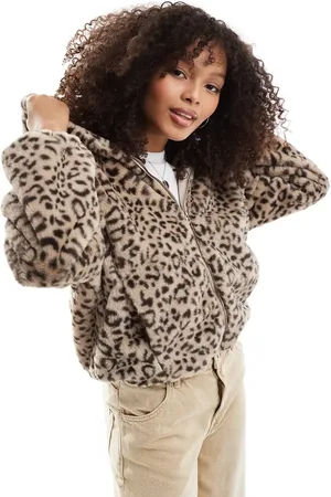 Bershka Hooded faux fur jacket in leopard print