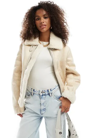 Bershka Shearling trim aviator jacket in cream contrast