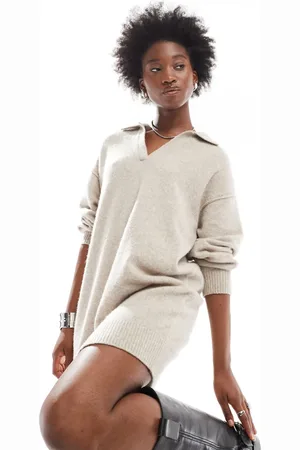 Weekday Tahlia polo collar knitted mini dress in light beige melange exclusive to ASOS
