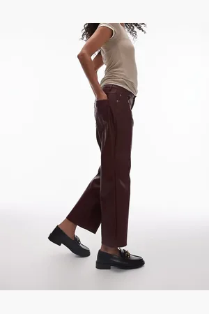 Topshop Ankle grazer straight leg faux leather trouser in burgundy