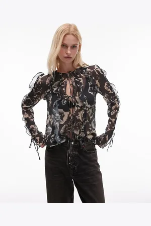 Topshop Ruffle sleeve sheer tie front top in mono floral print
