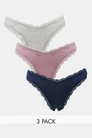 ASOS 3 pack cotton & lace trim high rise malibu thong in navy, grey marl & mauve