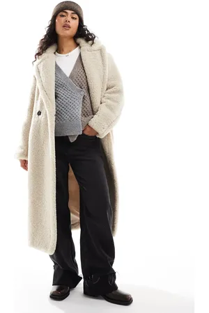 Bershka Oversized longline shearling coat in ecru