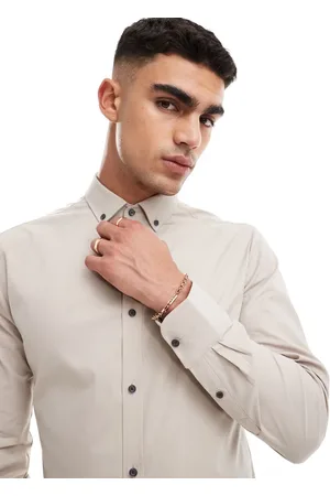 River Island Long sleeved textured muscle shirt in light stone