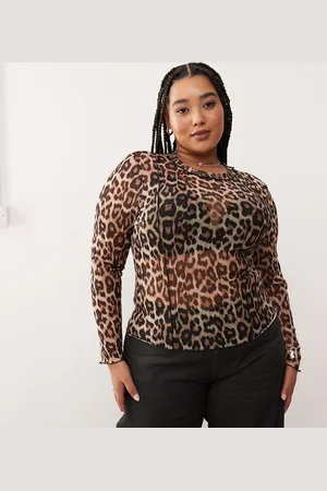 Noisy May Mesh long sleeve top in leopard print