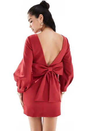 Forever New Long sleeve bow back mini dress in burgundy