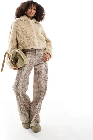 Bershka Shaggy shearling boxy jacket in sand