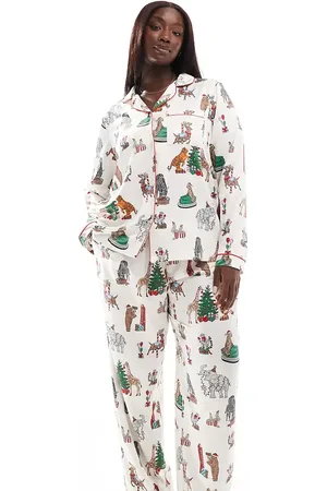 Chelsea Peers Curve Christmas satin circus print long sleeve top and trouser pyjama set in cream