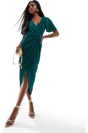Ax Paris Plisse short sleeve wrap midi dress with ring detail in emerald