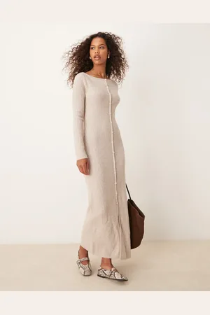 Abercrombie & Fitch Long sleeve button down knitted maxi dress in light beige