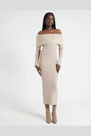 River Island Bardot knitted midi dress with fluff detail in mink
