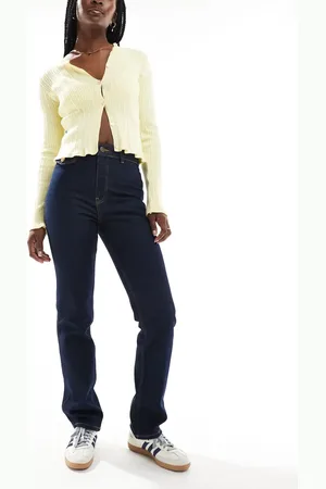 ASOS High rise slim straight jean in inky wash with gold button detail