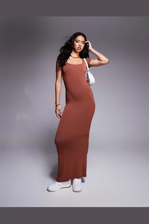 In The Style FITS slinky sculpt square neck short sleeve maxi dress in rust