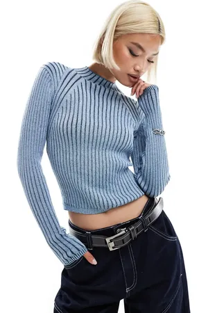 Monki Long sleeve knitted two tone top in blue and navy