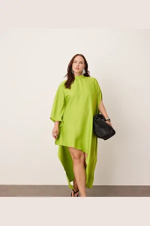 ASOS Curve high neck cape sleeve mini dress with asymmetric hem in lime green