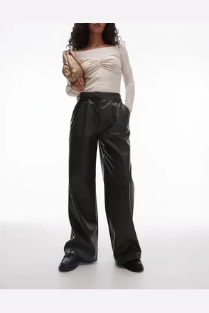 Topshop Faux leather wide leg tailored trouser in khaki