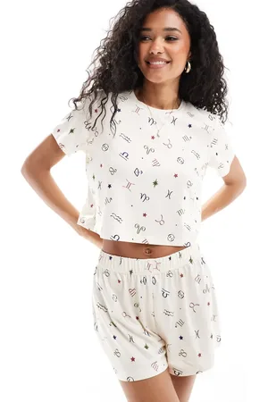 Loungeable Cropped t-shirt and short pyjama set in celestial print