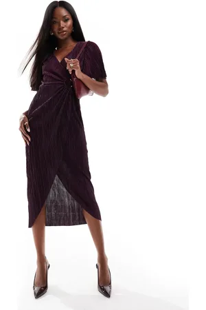 Ax Paris Plisse short sleeve wrap midi dress with ring detail in plum