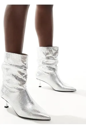 London Rebel London Rebel Whitney wide fit slouchy kitten heel boots in silver