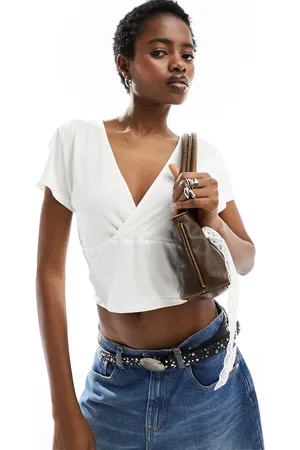 Monki Super soft cropped short sleeve top with wrap front detail in white