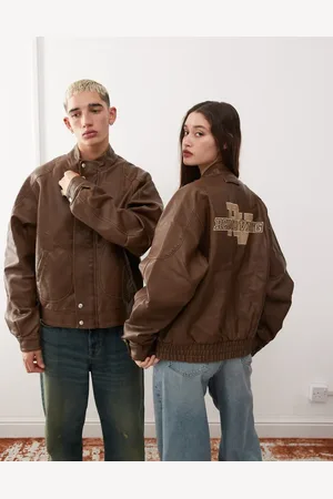Reclaimed Unisex leather look washed dad bomber with branding