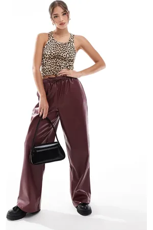 ASOS Faux leather wide leg pull on trousers in burgundy