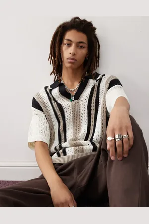 COLLUSION V-neck stripe polo shirt in cream
