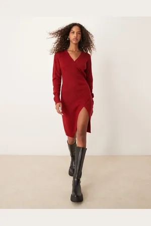 Glamorous Knitted wrap midi dress in ochre